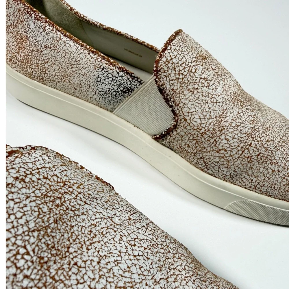 Vince Crackled Metallic Leather Slip On Sneakers Women's Size 9 White Bronze